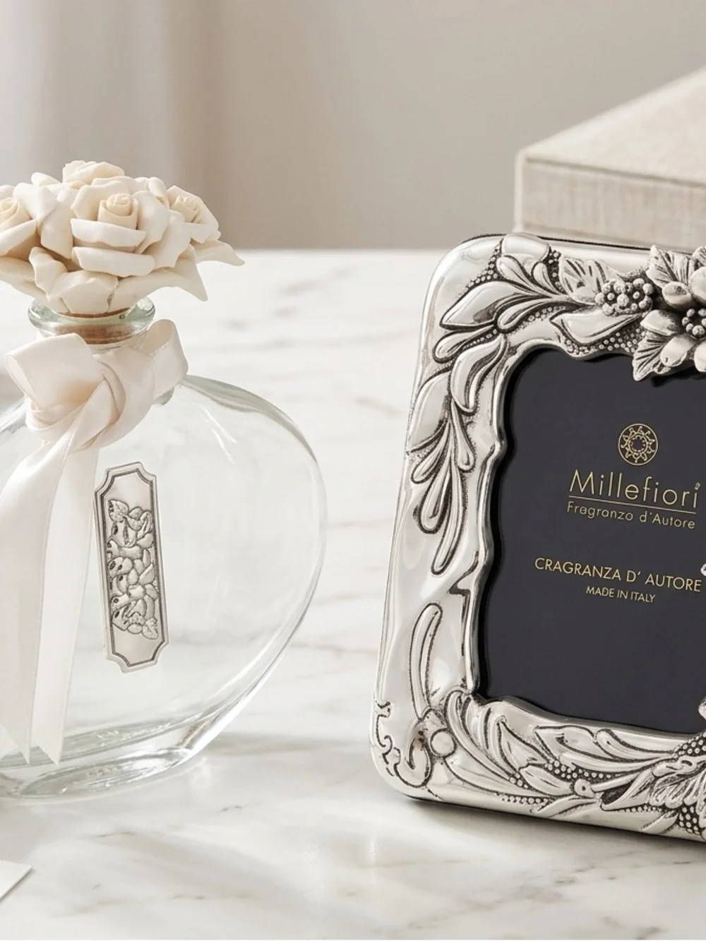 2-1 Plated Silver Floral Picture Frame & Glass Bottle - Cream Flowery Ribbon